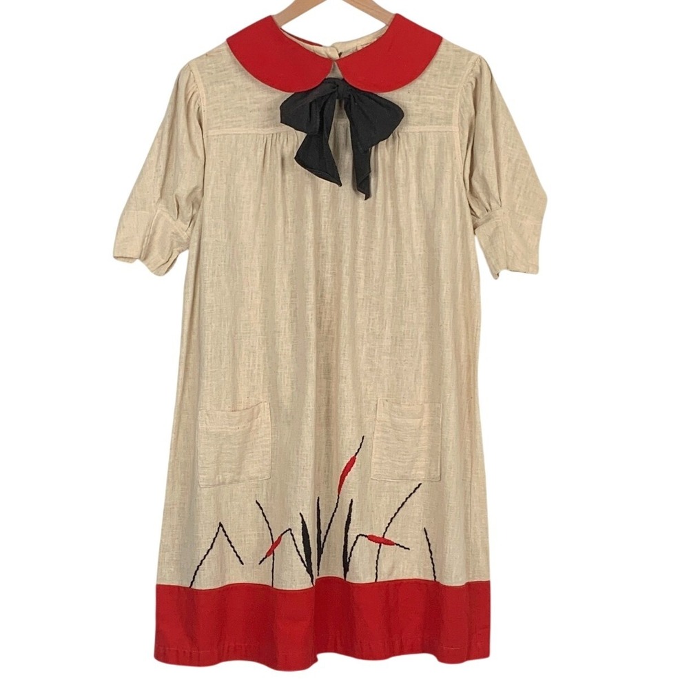 RARE Vintage 1920s Wayne Maid Folk Embroidered Cotton Smock Dress Sz L Cream